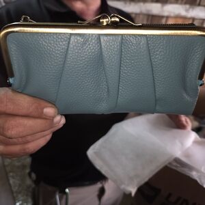 Chic Teal Leather Clutch with Gold Accents